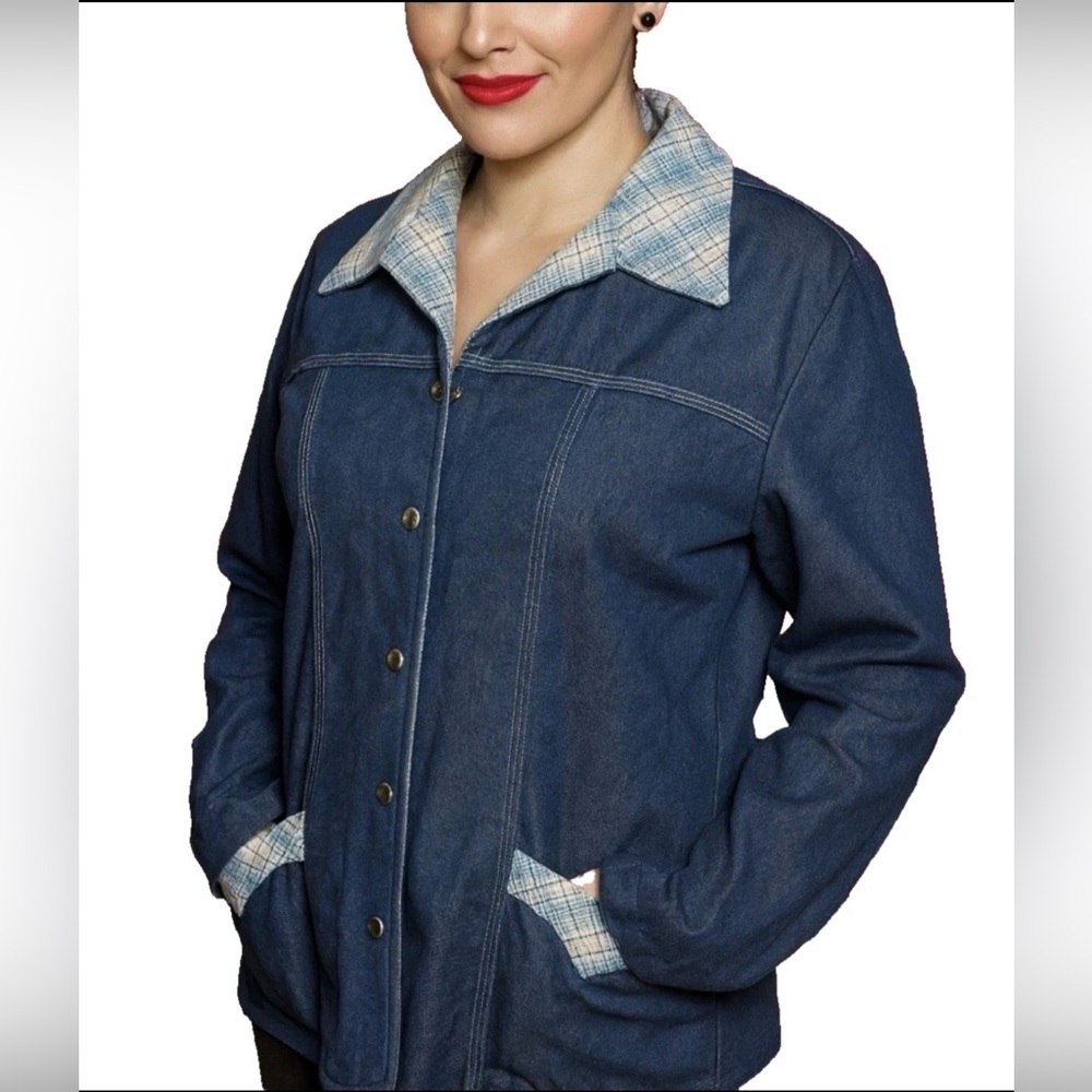 Vtg Prior Westerns Denver‎ Denim Reversible Jacket Womens L Chore Coat Plaid 70s